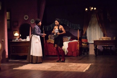 This production of Intimate Apparel used three beds, including an antique canopy. Ms. O'Brien was responsible for creating a ruffled canopy to fit the designed world.